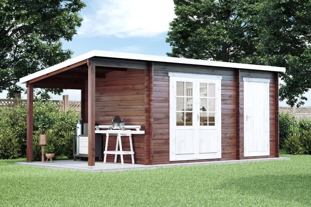 21 % Discount! Pultdach Gartenhaus Maria mit Anbau & Schleppdach 18m²