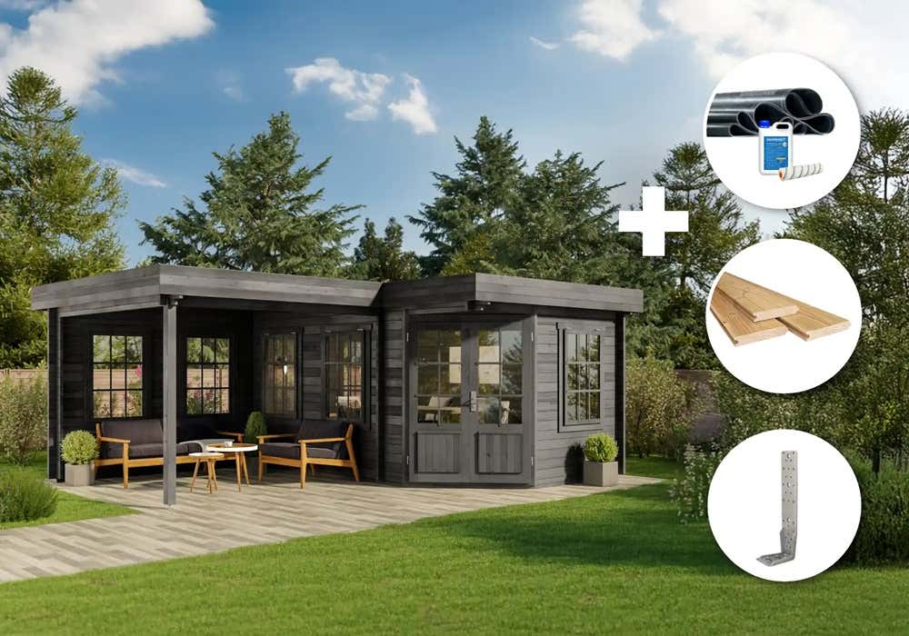 35 % Discount! ECO Set - Gartenhaus 5-Eck Pepe - grau 30m²